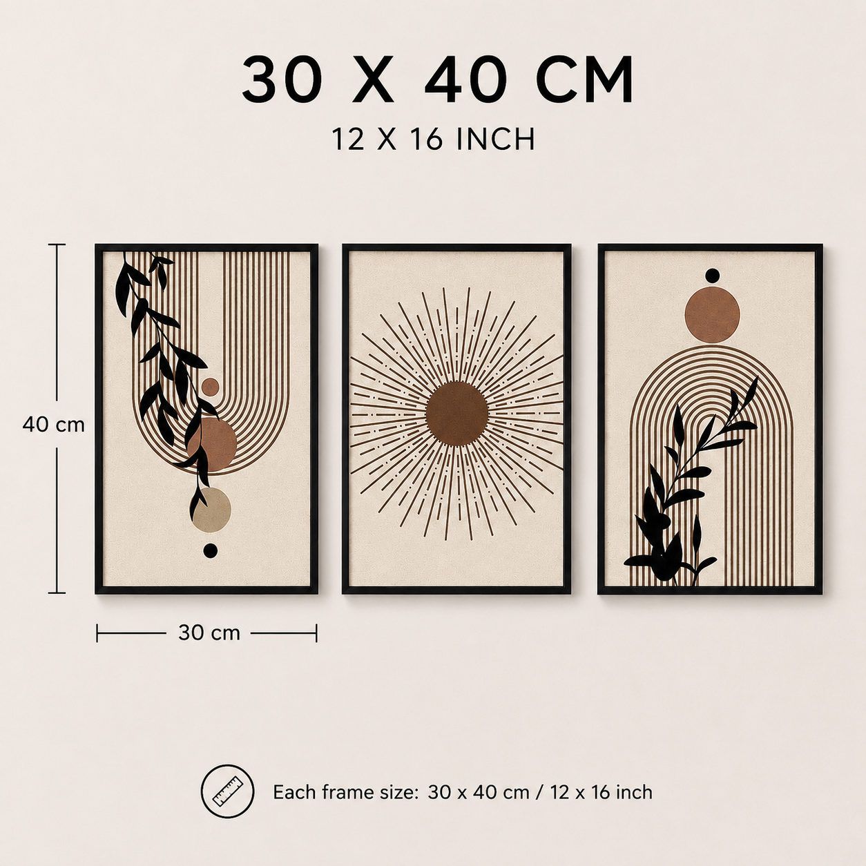 Boho Botanical Sunburst Wall Art Set of 3 | Framed Canvas Prints | Modern Abstract Neutral Beige Wall Decor | 30 × 40 cm (12 × 16 in)