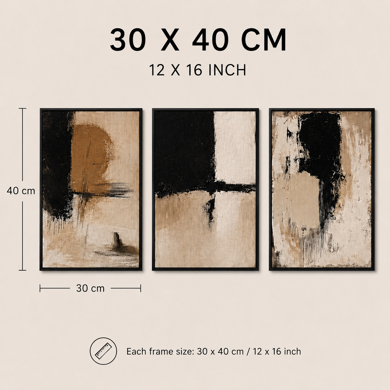 Modern Abstract Black Beige Wall Art Set of 3 | Minimalist Framed Canvas Prints | Neutral Contemporary Wall Decor | 30 × 40 cm (12 × 16 in)