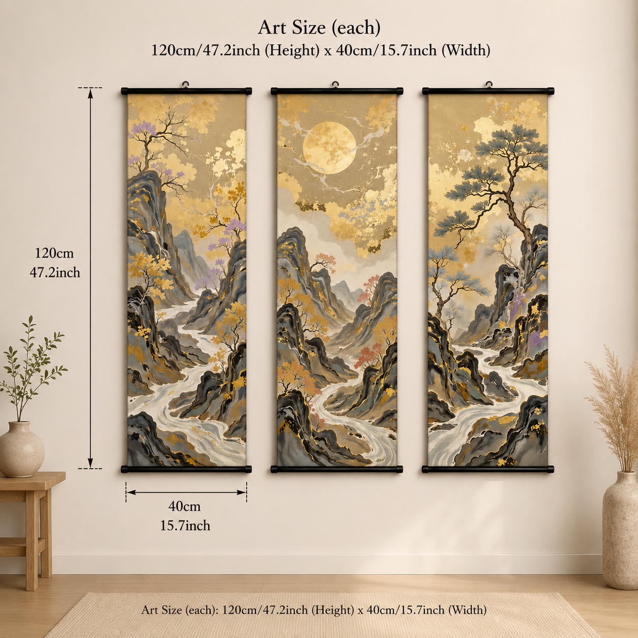 Golden Mountain Scroll Wall Art Set of 3 – Large Japanese Style Canvas Hanging Prints, 120 × 40 cm Landscape Wall Decor for Living Room, Bedroom & Office