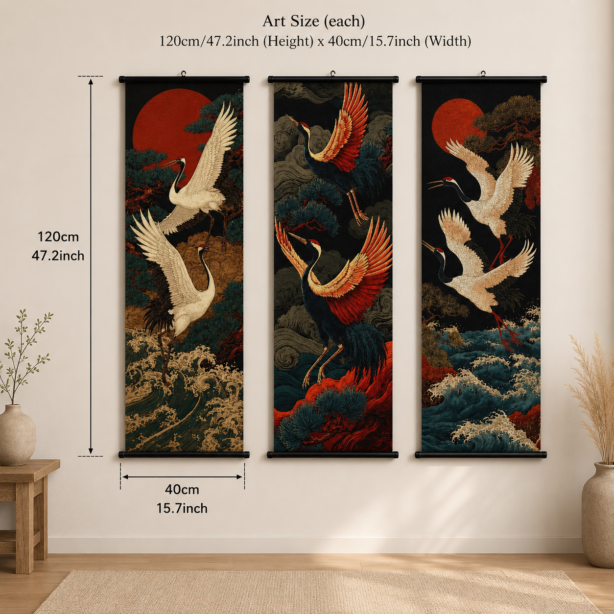 Japanese Ukiyo-e Red-Crowned Crane Scroll Wall Art Set of 3 – Large Canvas Hanging Prints, 120 × 40 cm Zen Bird & Ocean Wave Wall Decor for Living Room, Bedroom & Office