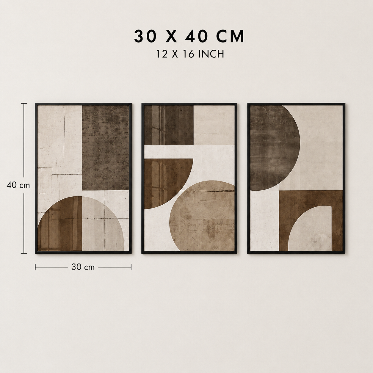 Modern Abstract Geometric Wall Art Set of 3 – Framed Canvas Prints | Minimalist Brown & Beige Wall Decor (30 × 40 cm / 12 × 16 in)