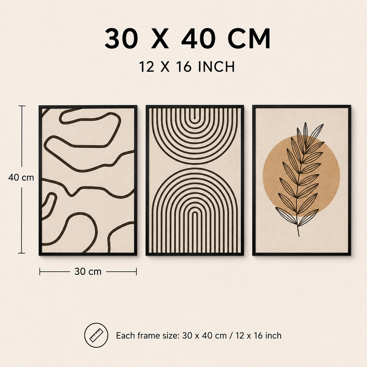 Modern Boho Abstract Line Art Wall Art Set of 3 | Framed Canvas Prints | Neutral Beige Botanical Wall Decor | 30 × 40 cm (12 × 16 in)