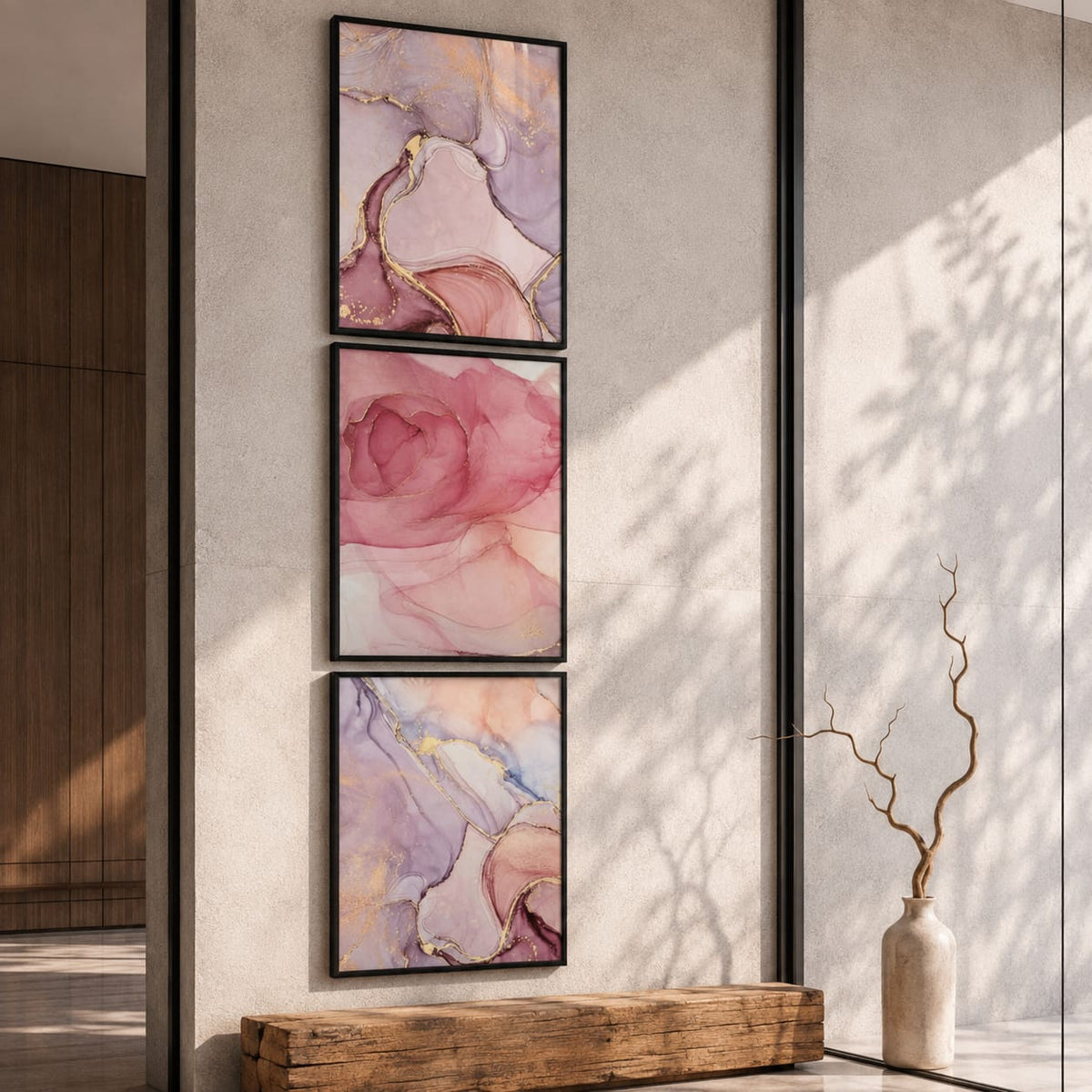 Pink & Lilac Abstract Wall Art Set of 3 – Black Framed 30 × 40 cm