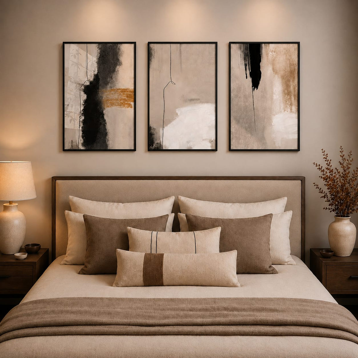 Abstract Wall Art Set of 3 – Black Framed Neutral Prints | 30 × 40 cm