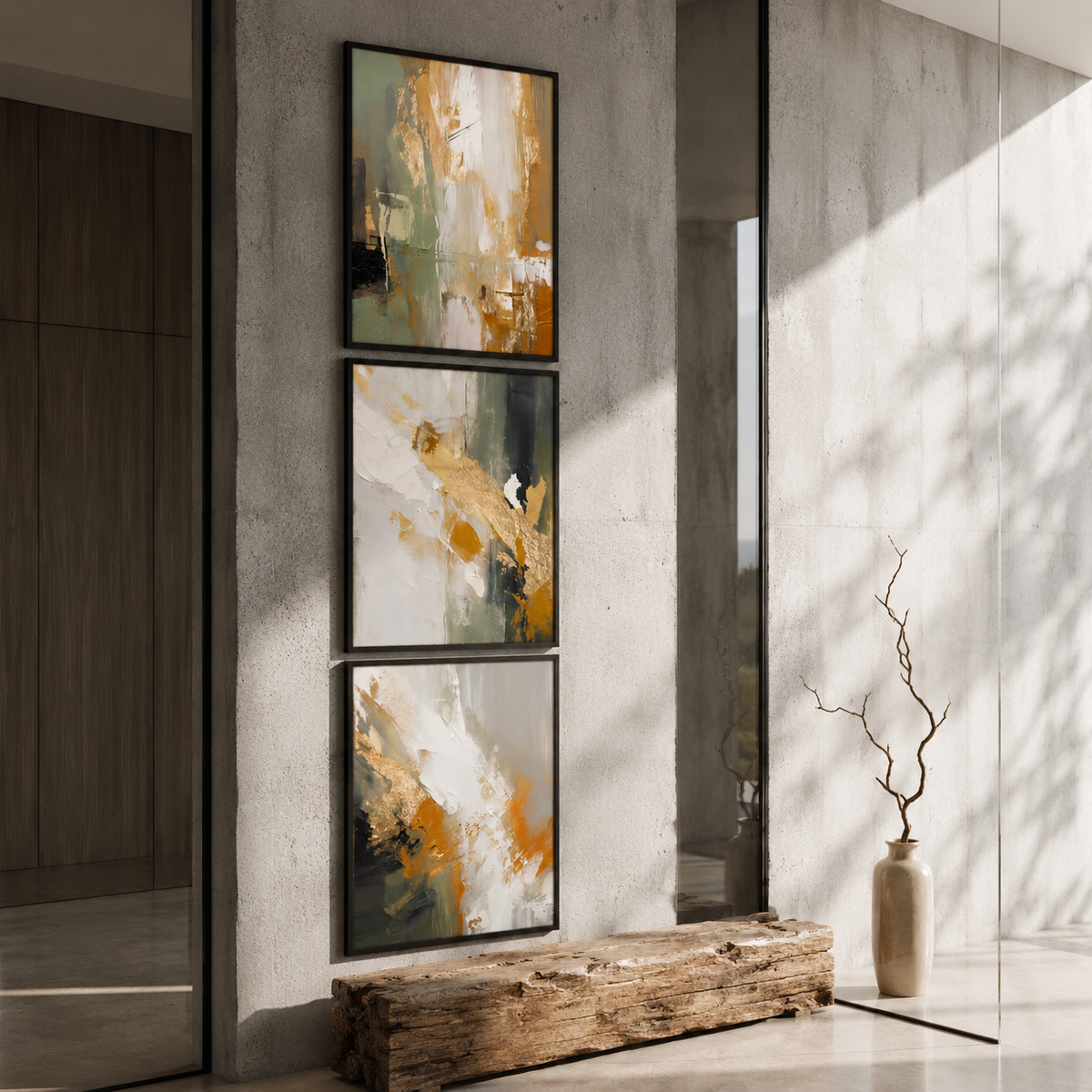 Green & Gold Abstract Wall Art Set of 3 – Framed Modern Canvas Prints, 30 × 40 cm