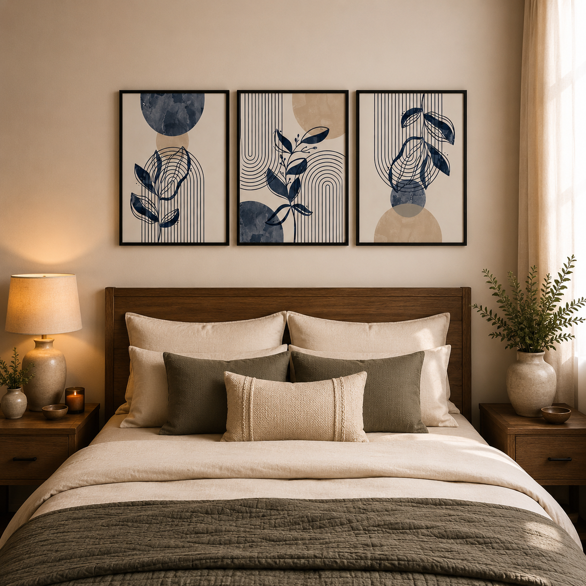3-Piece Framed Abstract Botanical Wall Art Set – Navy Blue & Beige – 30 × 40 cm