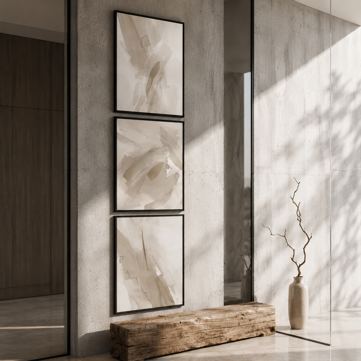 Neutral Abstract Wall Art Set of 3 – Framed Beige Watercolour Prints – 30 × 40 cm Each