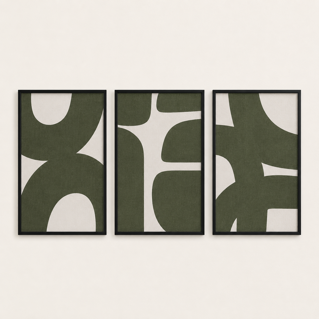 Modern Abstract Geometric Wall Art Set of 3 | Framed Canvas Prints | Minimalist Olive Green Wall Decor | 30 × 40 cm (12 × 16 in)