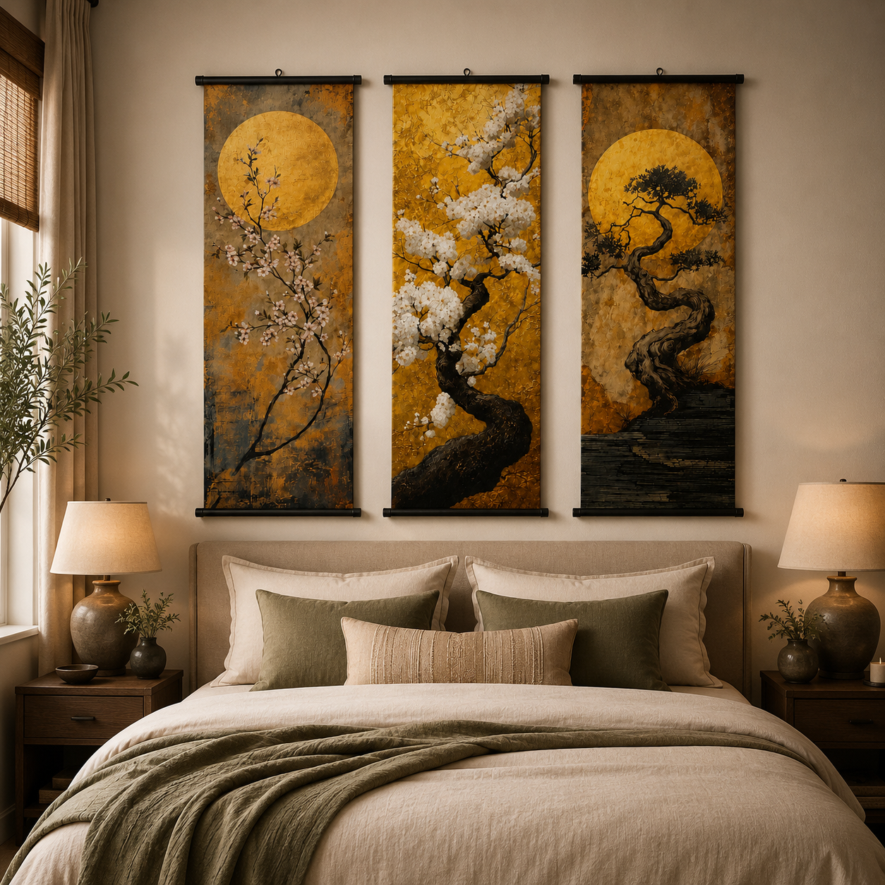 Golden Moon Tree Scroll Wall Art Set of 3 – Large Japanese Zen Canvas Hanging Prints, 120 × 40 cm Bonsai & Cherry Blossom Wall Decor for Living Room, Bedroom & Office