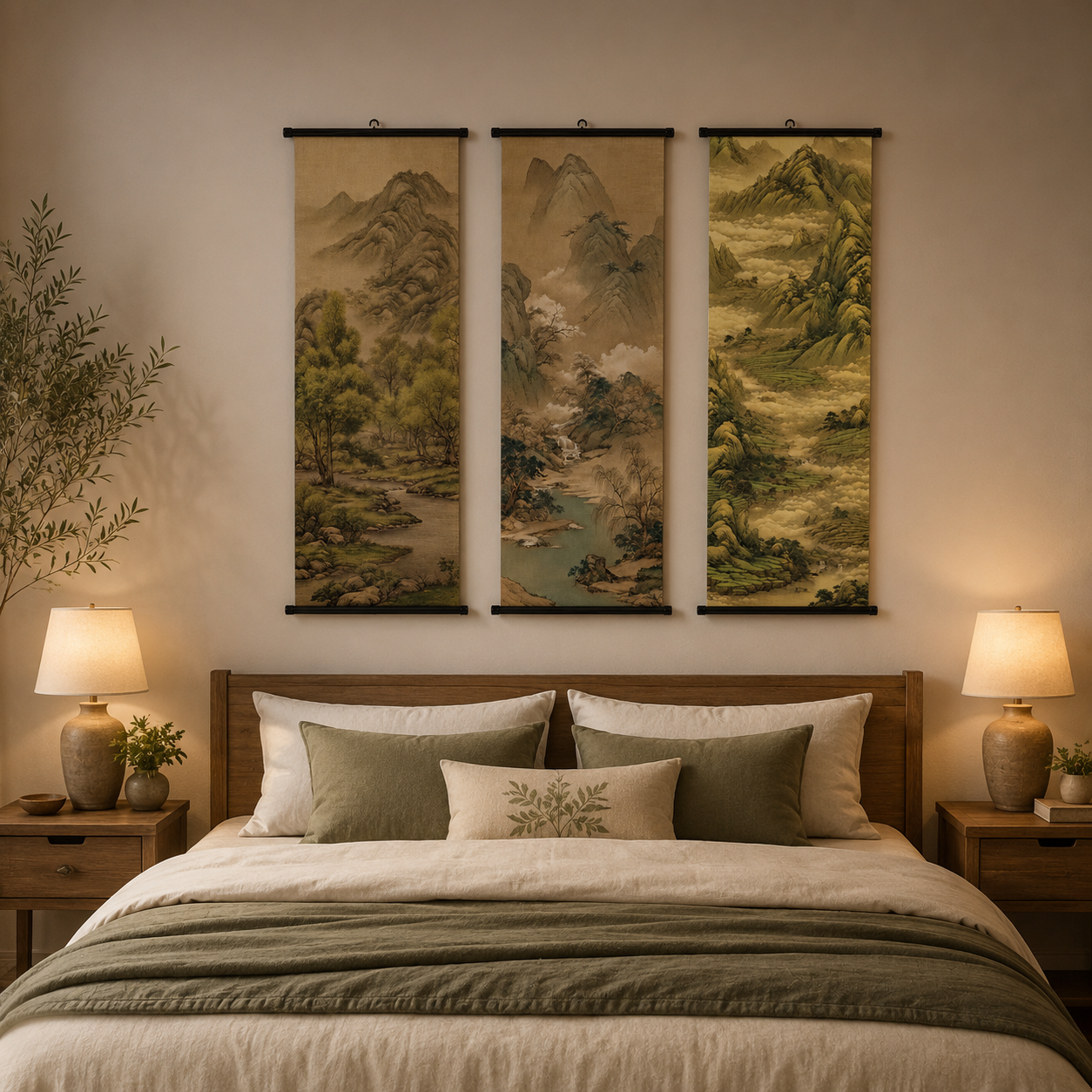 Large Chinese Landscape Scroll Wall Art Set of 3 – Canvas Hanging Prints, 120 × 40 cm Japanese Zen Mountain Nature Wall Decor for Living Room, Bedroom & Office
