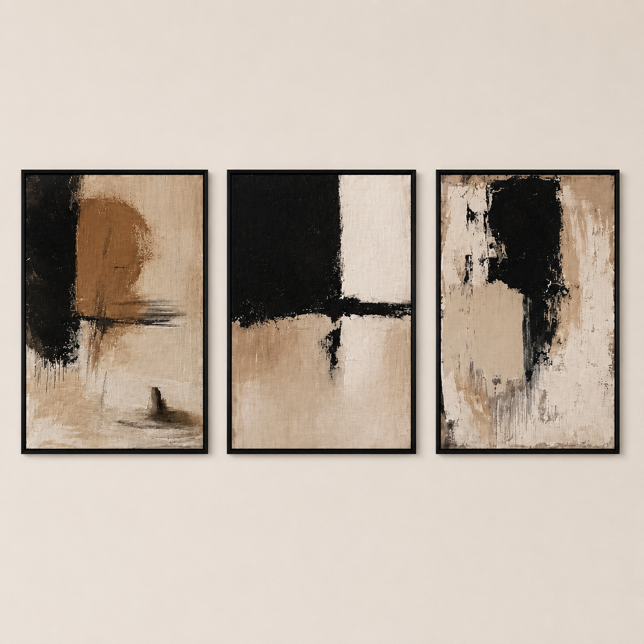 Modern Abstract Black Beige Wall Art Set of 3 | Minimalist Framed Canvas Prints | Neutral Contemporary Wall Decor | 30 × 40 cm (12 × 16 in)
