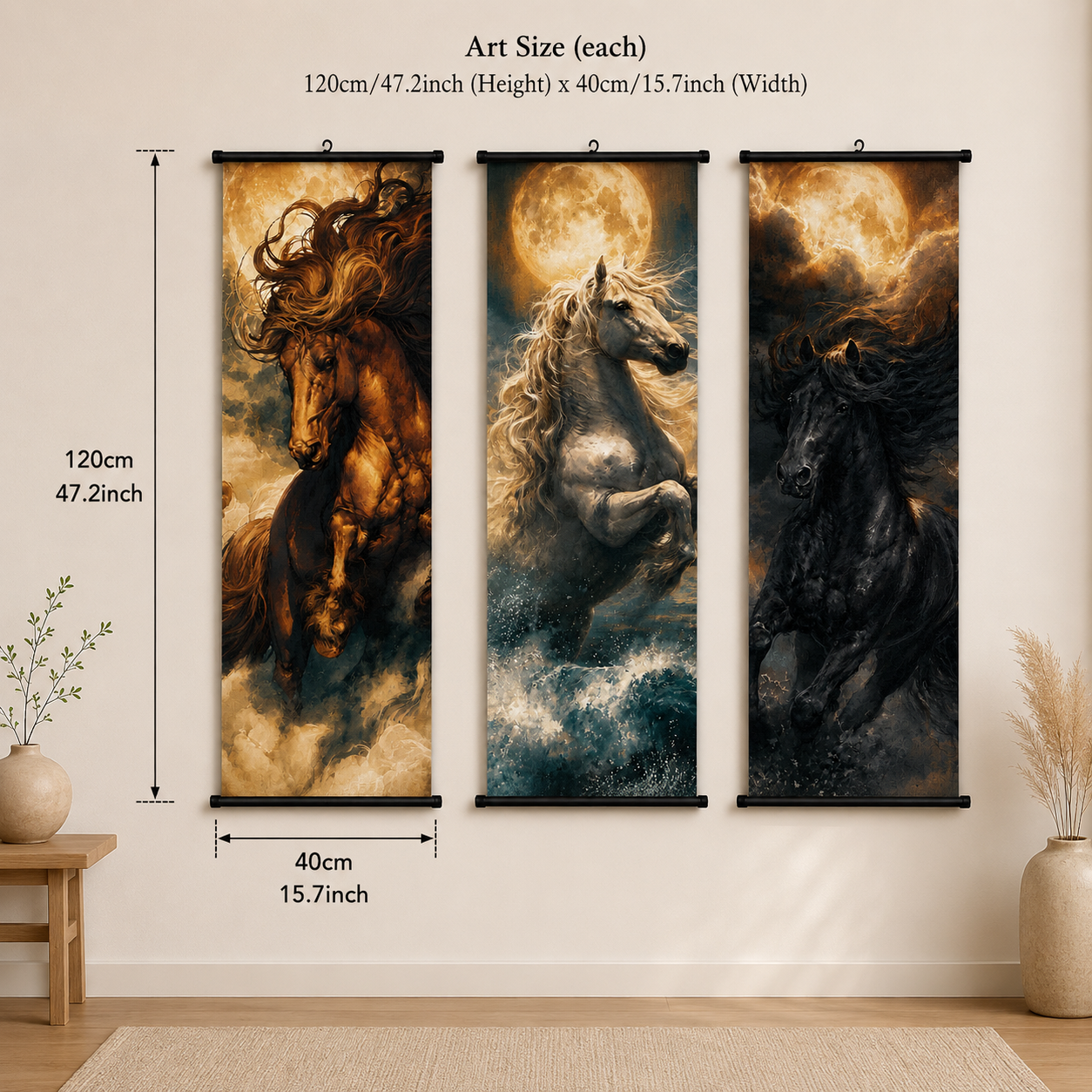 Galloping Horses Scroll Wall Art Set of 3 – Large Canvas Hanging Prints, 120 × 40 cm Running Horse Wall Decor for Living Room, Bedroom & Office
