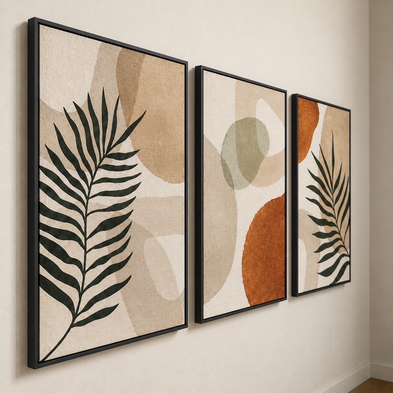 Boho Botanical Abstract Wall Art Set of 3 | Framed Canvas Prints | Minimalist Tropical Leaf Wall Decor | 30 × 40 cm (12 × 16 in)