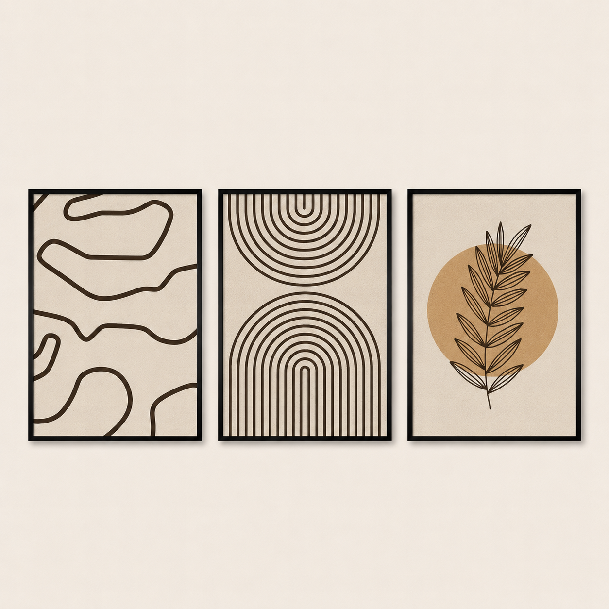 Modern Boho Abstract Line Art Wall Art Set of 3 | Framed Canvas Prints | Neutral Beige Botanical Wall Decor | 30 × 40 cm (12 × 16 in)