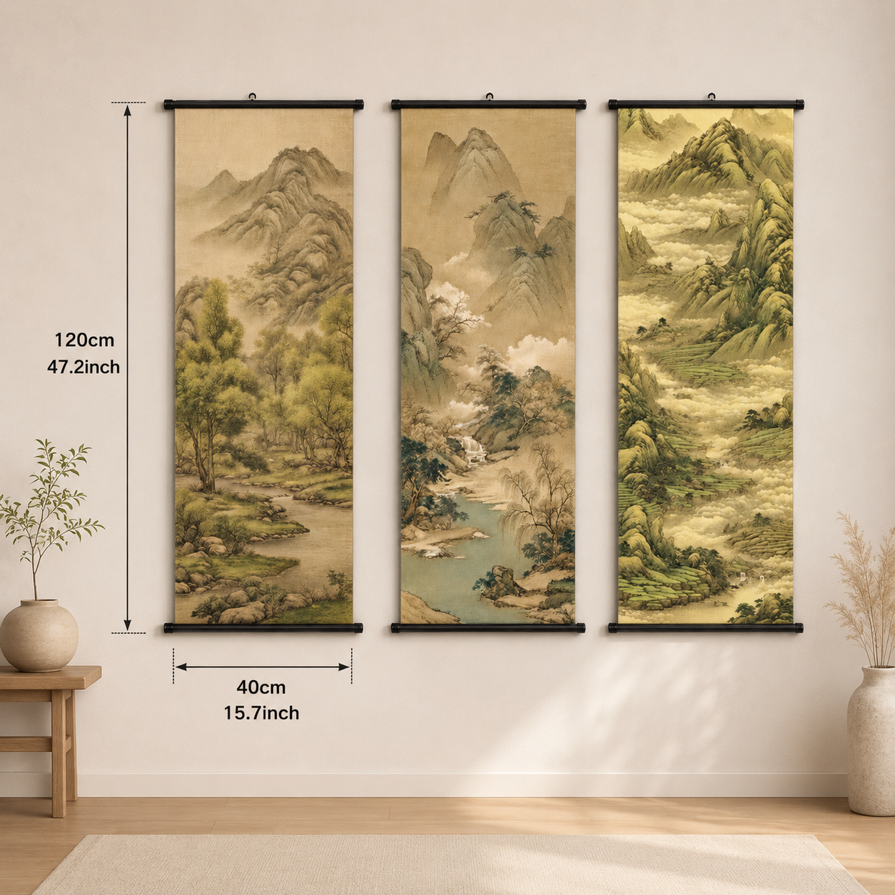 Large Chinese Landscape Scroll Wall Art Set of 3 – Canvas Hanging Prints, 120 × 40 cm Japanese Zen Mountain Nature Wall Decor for Living Room, Bedroom & Office
