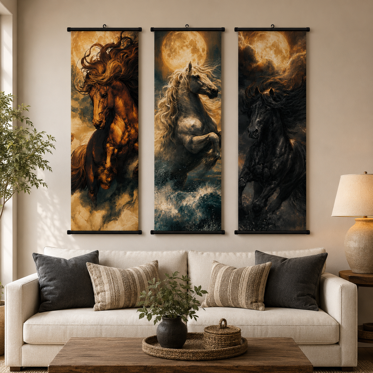 Galloping Horses Scroll Wall Art Set of 3 – Large Canvas Hanging Prints, 120 × 40 cm Running Horse Wall Decor for Living Room, Bedroom & Office