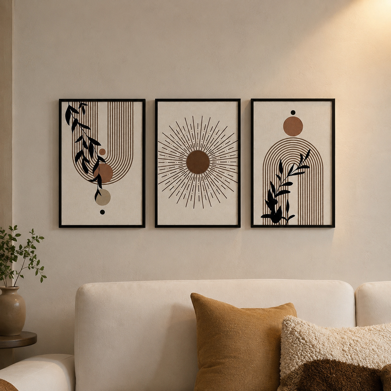 Boho Botanical Sunburst Wall Art Set of 3 | Framed Canvas Prints | Modern Abstract Neutral Beige Wall Decor | 30 × 40 cm (12 × 16 in)
