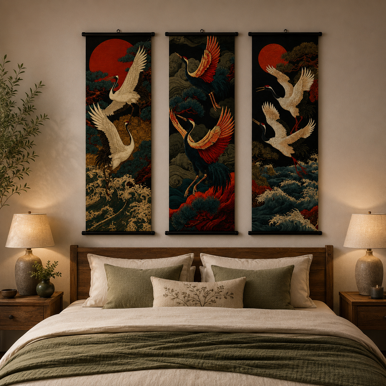 Japanese Ukiyo-e Red-Crowned Crane Scroll Wall Art Set of 3 – Large Canvas Hanging Prints, 120 × 40 cm Zen Bird & Ocean Wave Wall Decor for Living Room, Bedroom & Office
