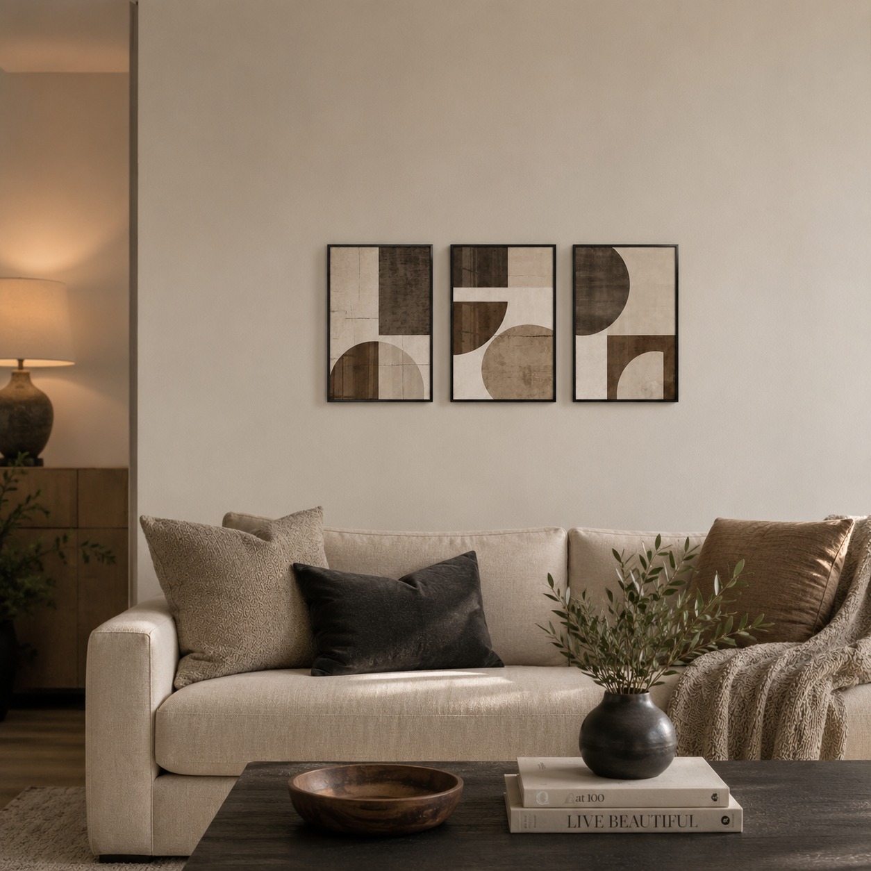 Modern Abstract Geometric Wall Art Set of 3 – Framed Canvas Prints | Minimalist Brown & Beige Wall Decor (30 × 40 cm / 12 × 16 in)