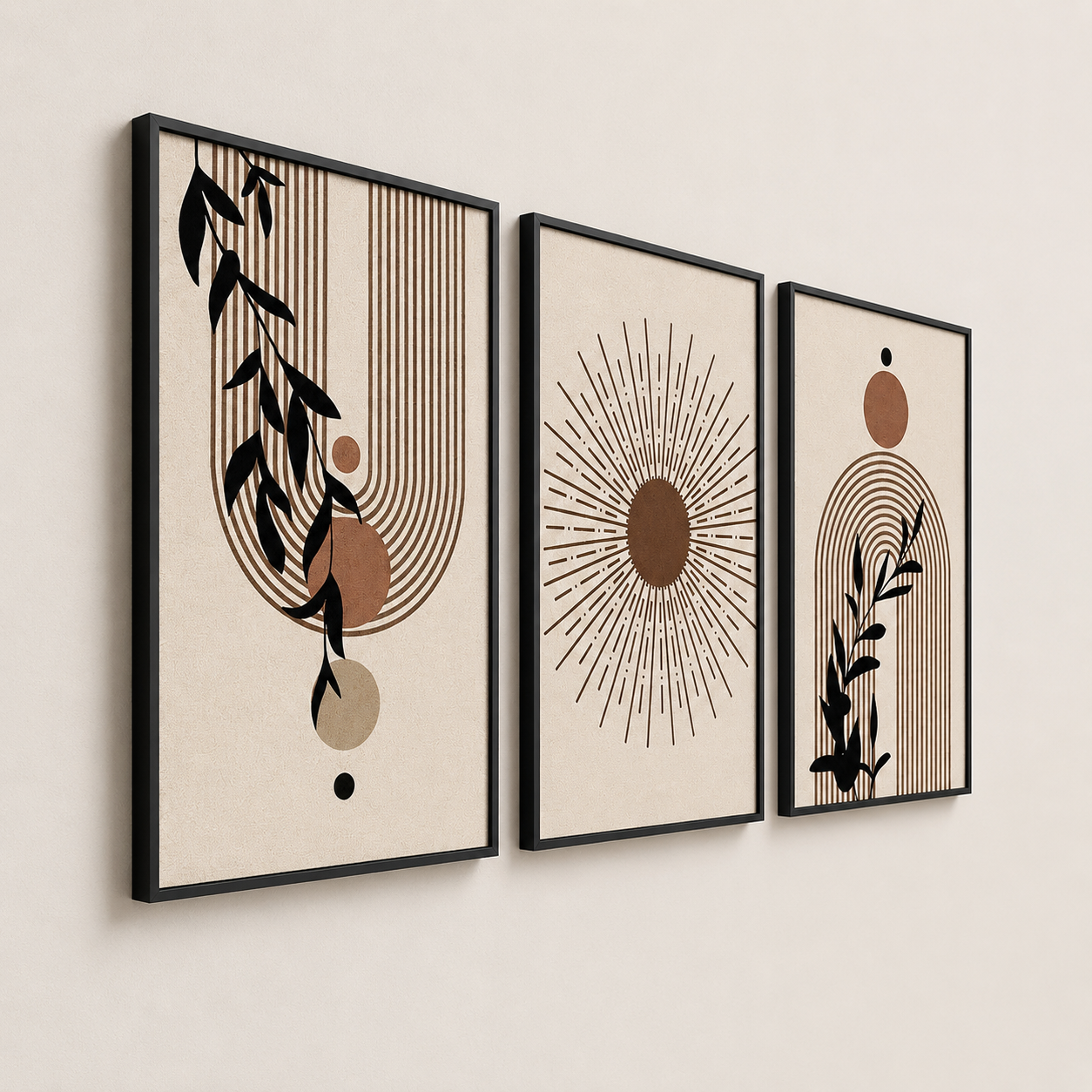 Boho Botanical Sunburst Wall Art Set of 3 | Framed Canvas Prints | Modern Abstract Neutral Beige Wall Decor | 30 × 40 cm (12 × 16 in)