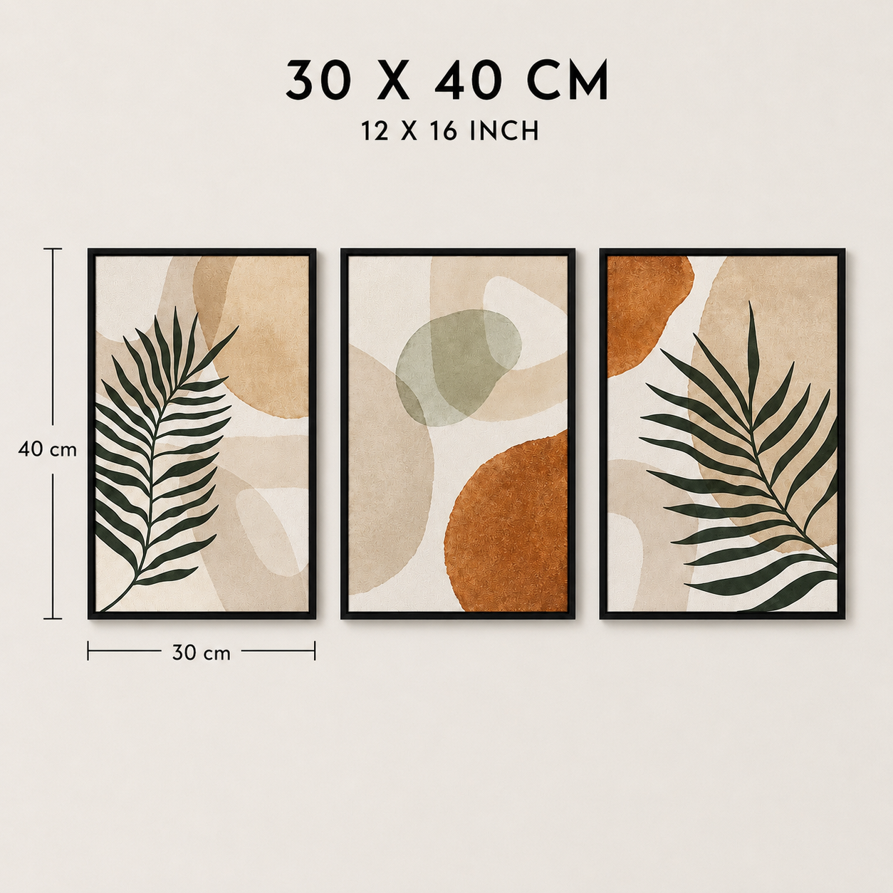 Boho Botanical Abstract Wall Art Set of 3 | Framed Canvas Prints | Minimalist Tropical Leaf Wall Decor | 30 × 40 cm (12 × 16 in)