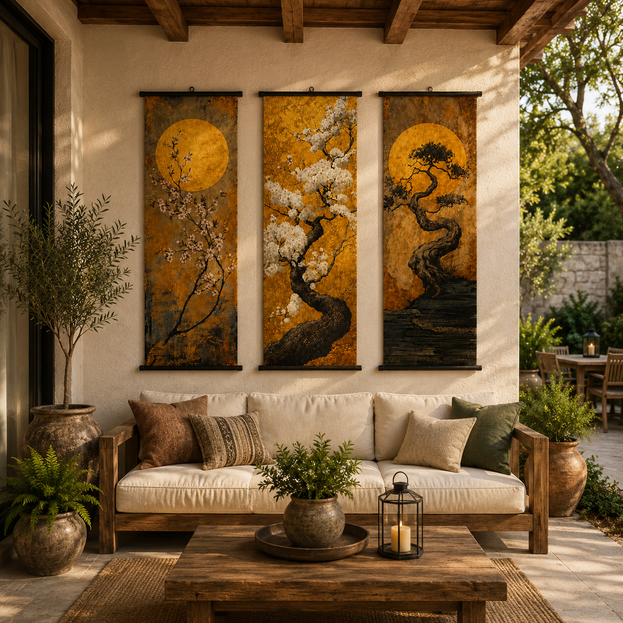 Golden Moon Tree Scroll Wall Art Set of 3 – Large Japanese Zen Canvas Hanging Prints, 120 × 40 cm Bonsai & Cherry Blossom Wall Decor for Living Room, Bedroom & Office