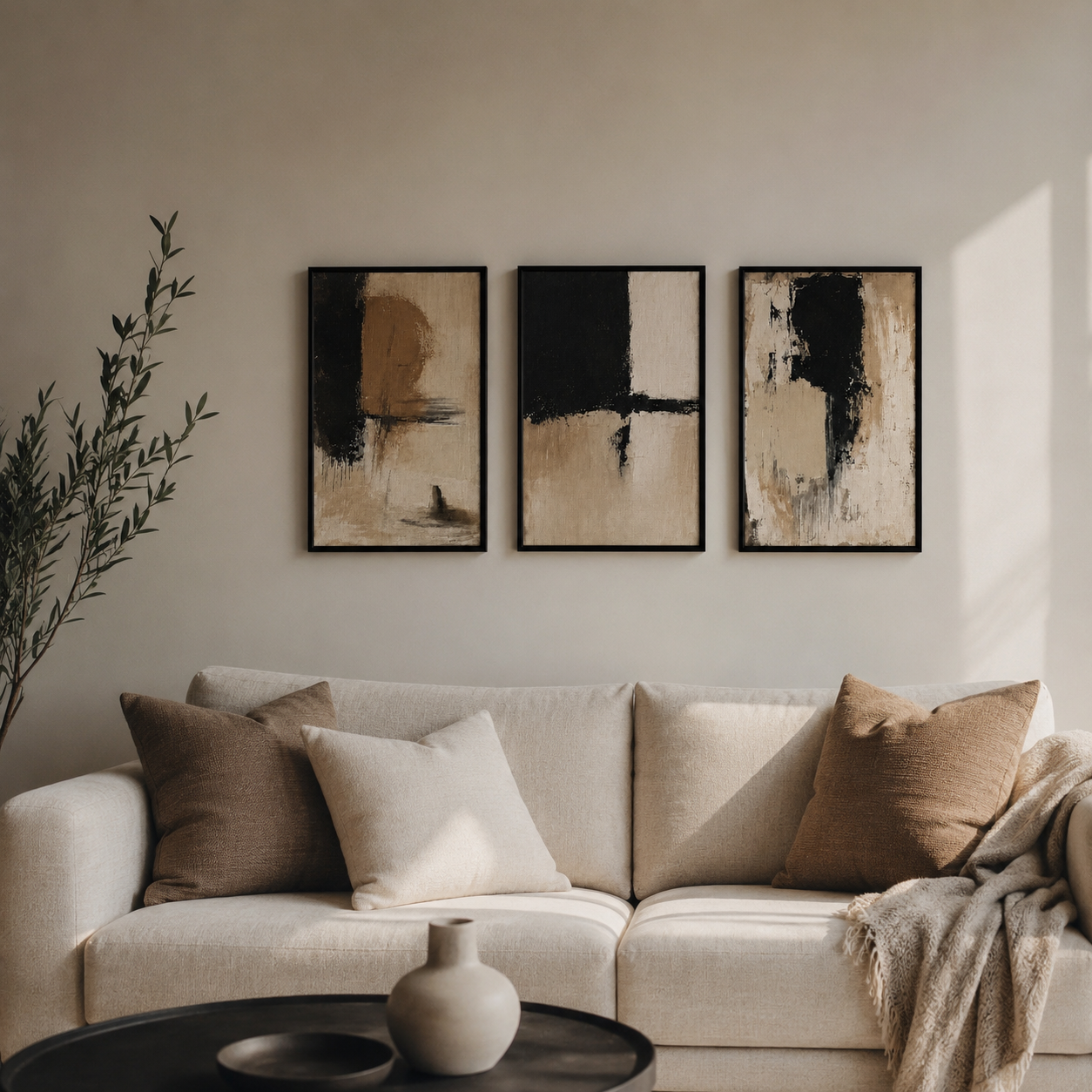 Modern Abstract Black Beige Wall Art Set of 3 | Minimalist Framed Canvas Prints | Neutral Contemporary Wall Decor | 30 × 40 cm (12 × 16 in)