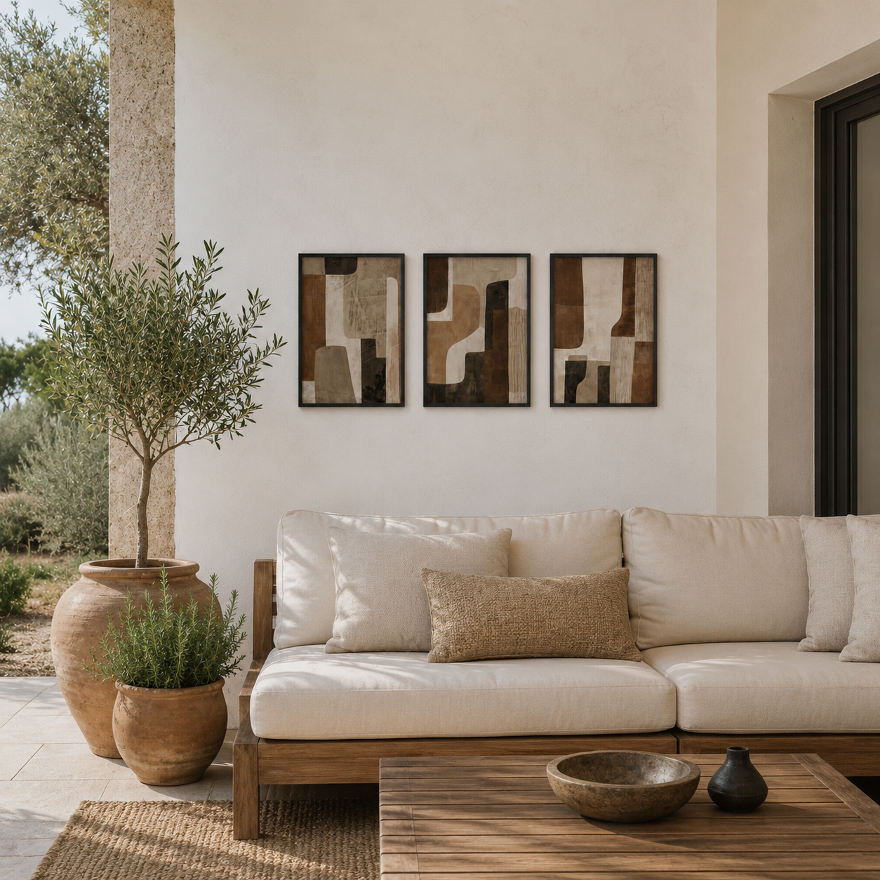 Modern Abstract Earth Tone Wall Art Set of 3 | Framed Canvas Prints | Brown & Beige Minimalist Wall Decor | 30 × 40 cm (12 × 16 in)