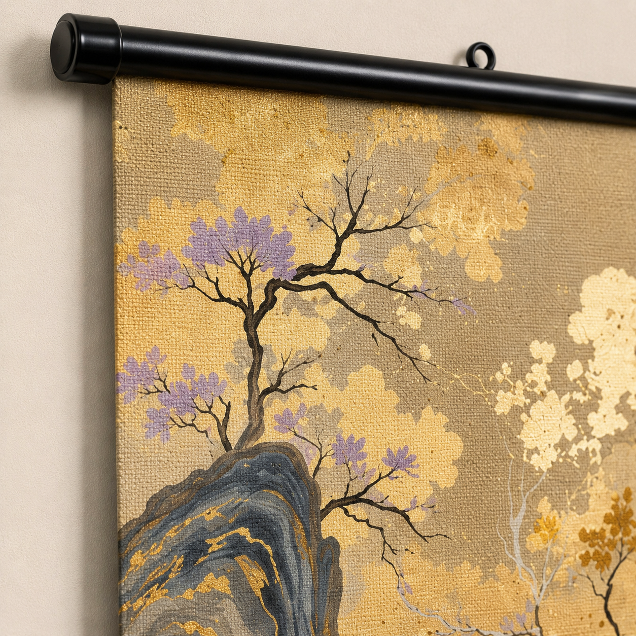 Golden Mountain Scroll Wall Art Set of 3 – Large Japanese Style Canvas Hanging Prints, 120 × 40 cm Landscape Wall Decor for Living Room, Bedroom & Office