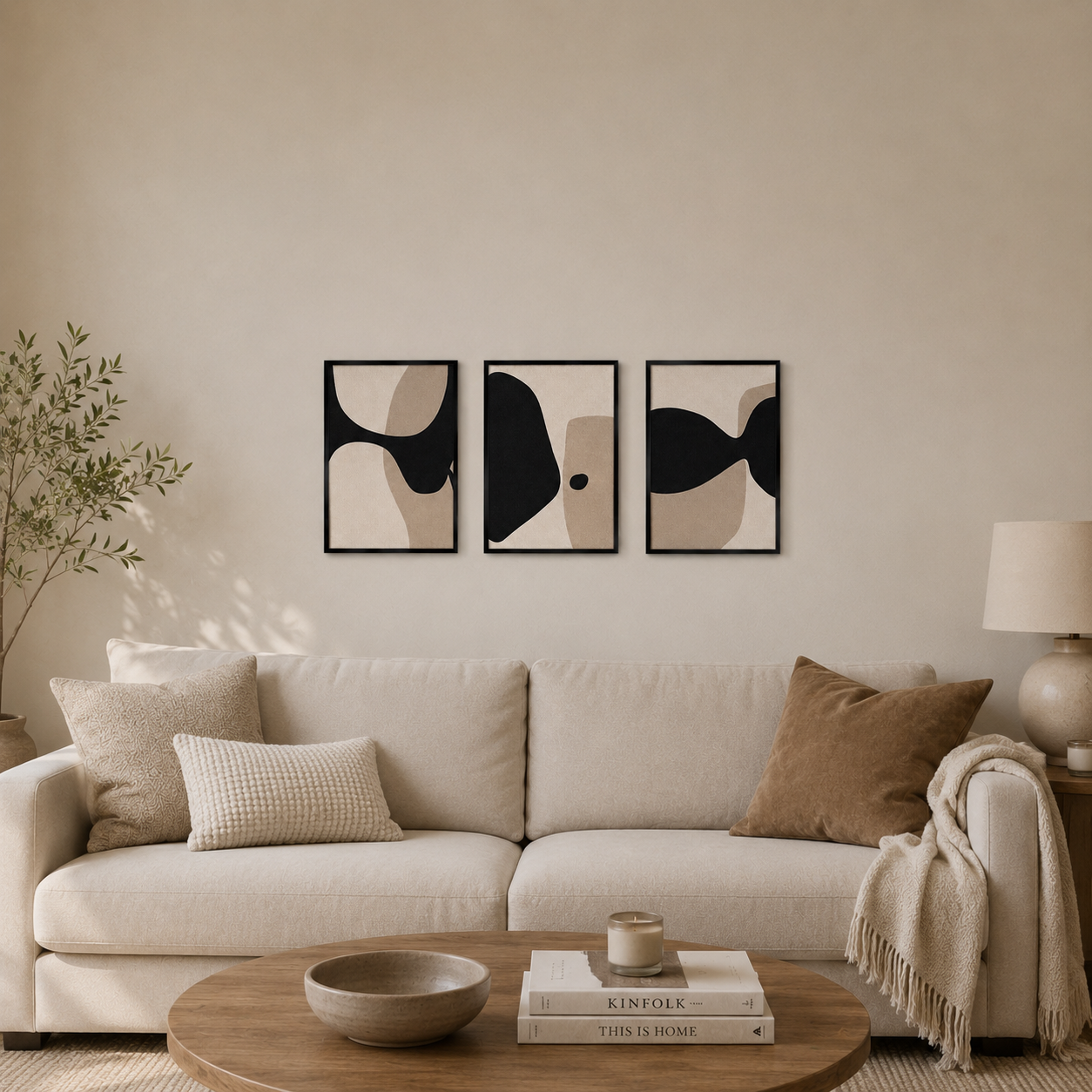 Modern Abstract Black & Beige Wall Art Set of 3 | Minimalist Framed Canvas Prints | Contemporary Neutral Wall Decor | 30 × 40 cm (12 × 16 in)