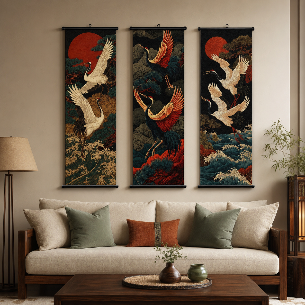 Japanese Ukiyo-e Red-Crowned Crane Scroll Wall Art Set of 3 – Large Canvas Hanging Prints, 120 × 40 cm Zen Bird & Ocean Wave Wall Decor for Living Room, Bedroom & Office