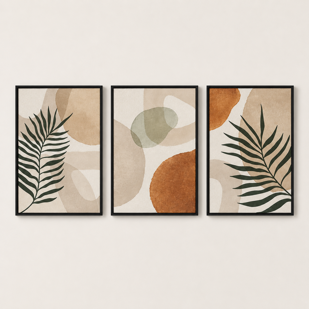 Boho Botanical Abstract Wall Art Set of 3 | Framed Canvas Prints | Minimalist Tropical Leaf Wall Decor | 30 × 40 cm (12 × 16 in)