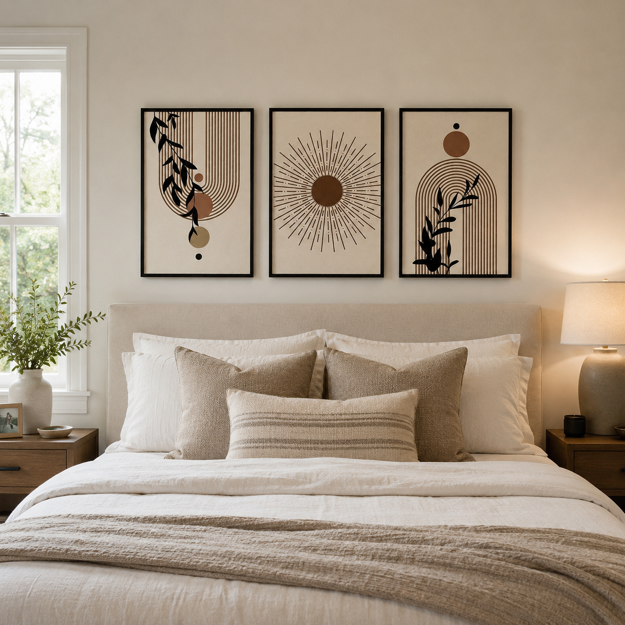 Boho Botanical Sunburst Wall Art Set of 3 | Framed Canvas Prints | Modern Abstract Neutral Beige Wall Decor | 30 × 40 cm (12 × 16 in)