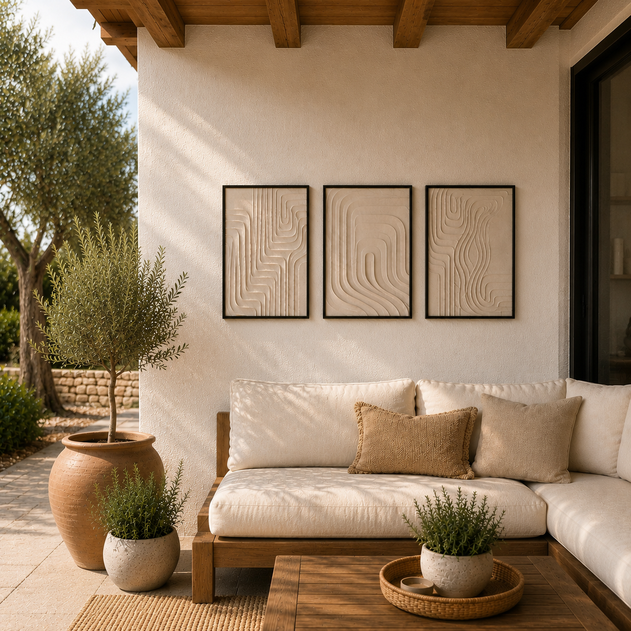 Modern 3D Textured Abstract Wall Art Set of 3 | Framed Canvas Prints | Minimalist Neutral Beige Wall Decor | 30 × 40 cm (12 × 16 in)