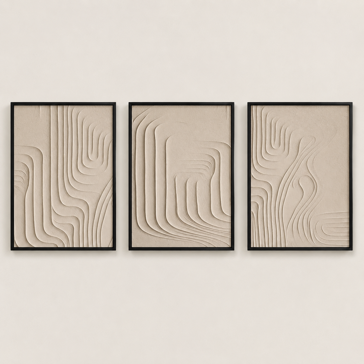 Modern 3D Textured Abstract Wall Art Set of 3 | Framed Canvas Prints | Minimalist Neutral Beige Wall Decor | 30 × 40 cm (12 × 16 in)