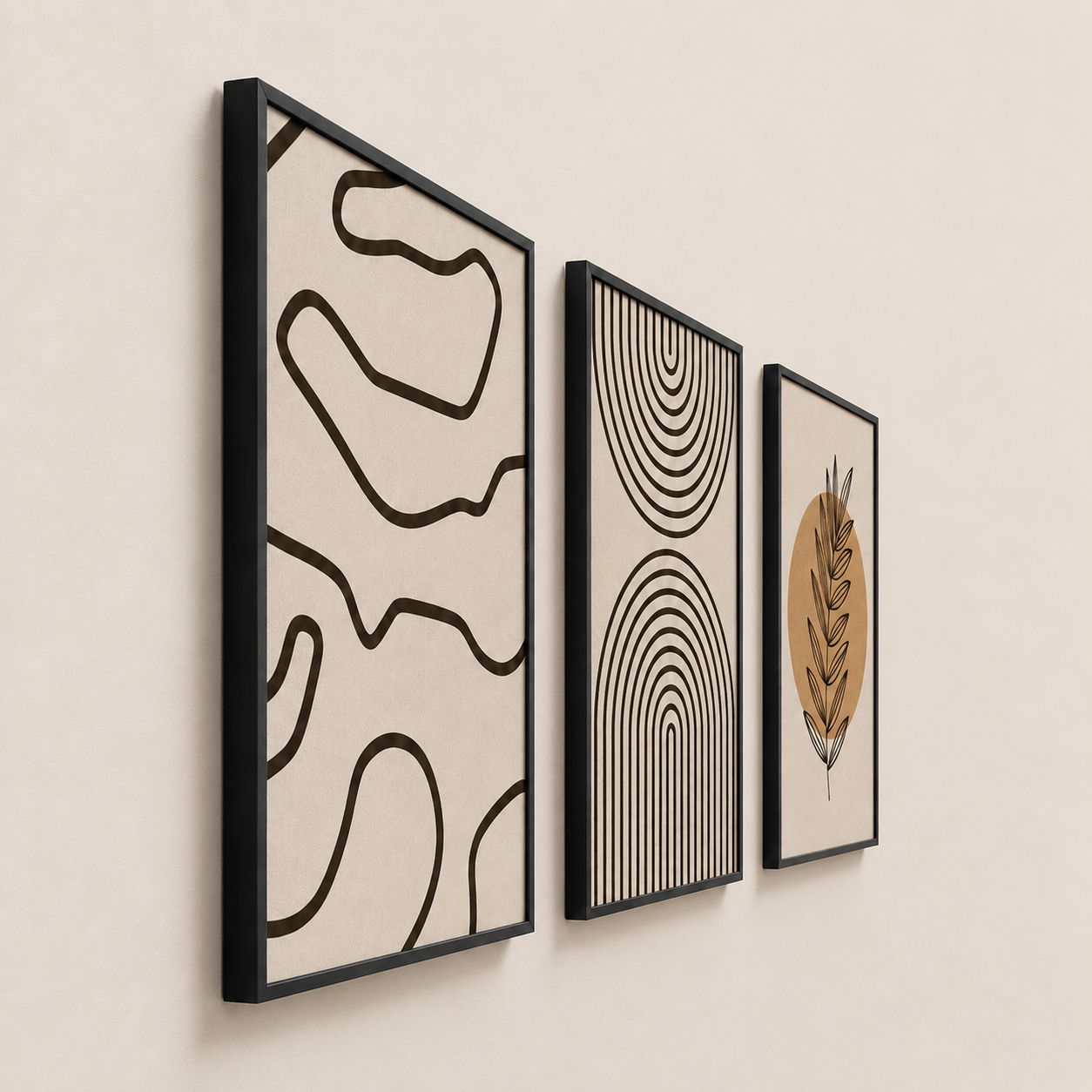 Modern Boho Abstract Line Art Wall Art Set of 3 | Framed Canvas Prints | Neutral Beige Botanical Wall Decor | 30 × 40 cm (12 × 16 in)