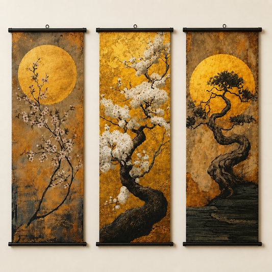 Golden Moon Tree Scroll Wall Art Set of 3 – Large Japanese Zen Canvas Hanging Prints, 120 × 40 cm Bonsai & Cherry Blossom Wall Decor for Living Room, Bedroom & Office