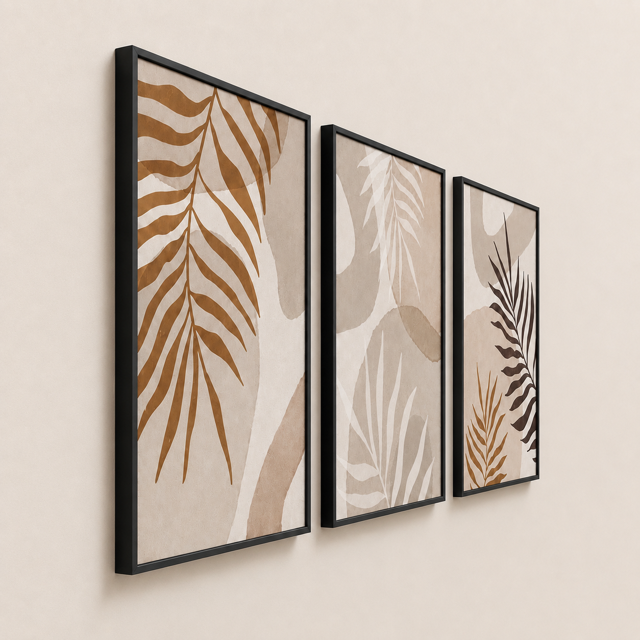 Boho Botanical Palm Leaf Wall Art Set of 3 | Framed Canvas Prints | Neutral Beige Tropical Wall Decor | 30 × 40 cm (12 × 16 in)