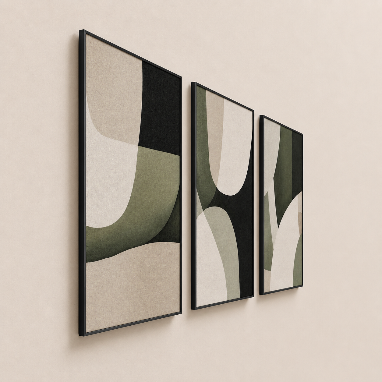 Modern Abstract Green & Black Wall Art Set of 3 | Minimalist Framed Canvas Prints | Sage Green Contemporary Wall Decor | 30 × 40 cm (12 × 16 in)