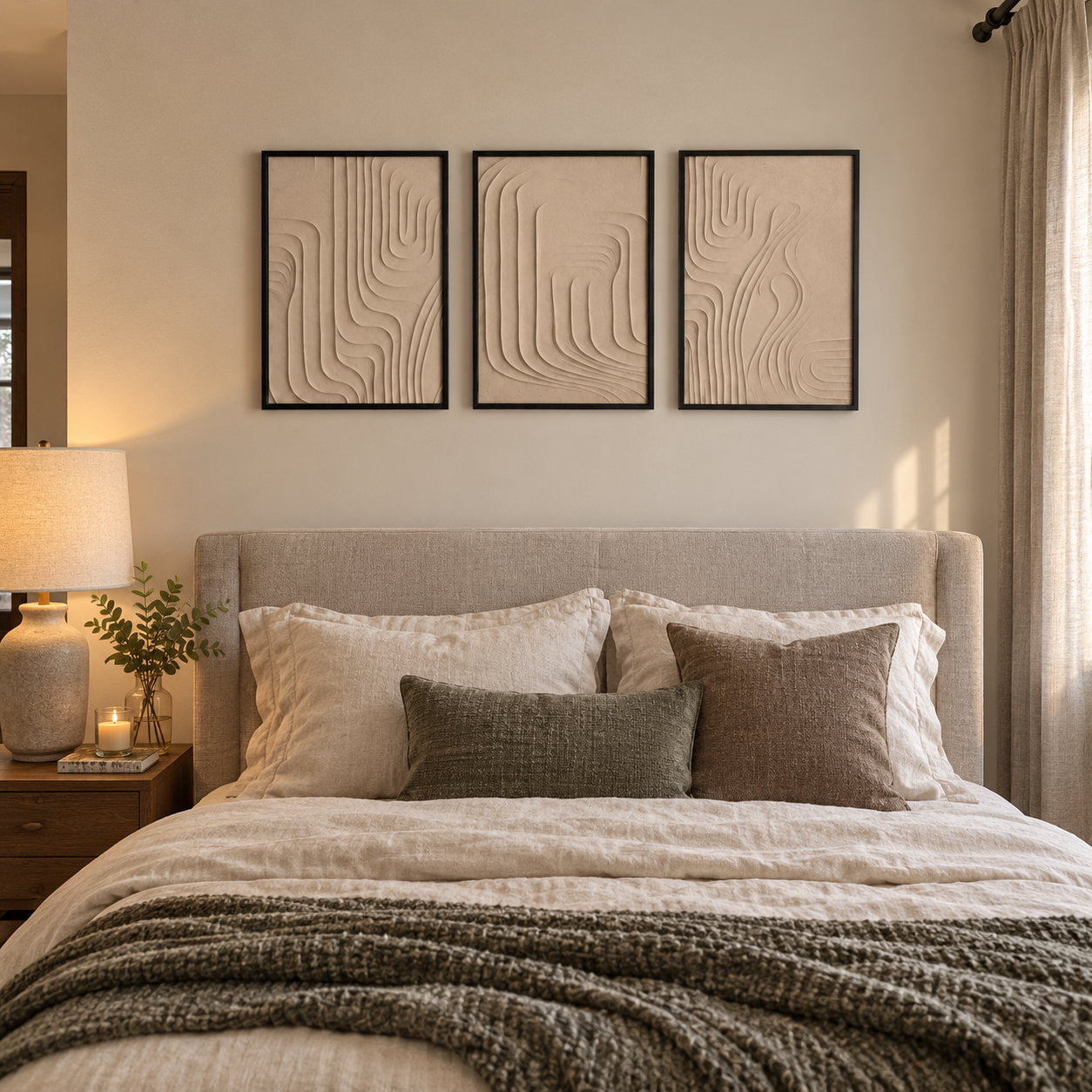 Modern 3D Textured Abstract Wall Art Set of 3 | Framed Canvas Prints | Minimalist Neutral Beige Wall Decor | 30 × 40 cm (12 × 16 in)
