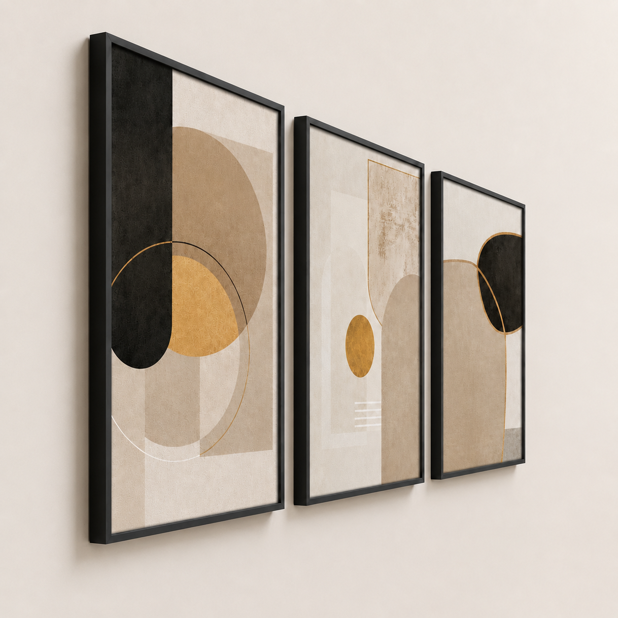 Luxury Modern Abstract Geometric Wall Art Set of 3 | Framed Canvas Prints | Neutral Beige, Black & Gold Wall Decor | 30 × 40 cm (12 × 16 in)