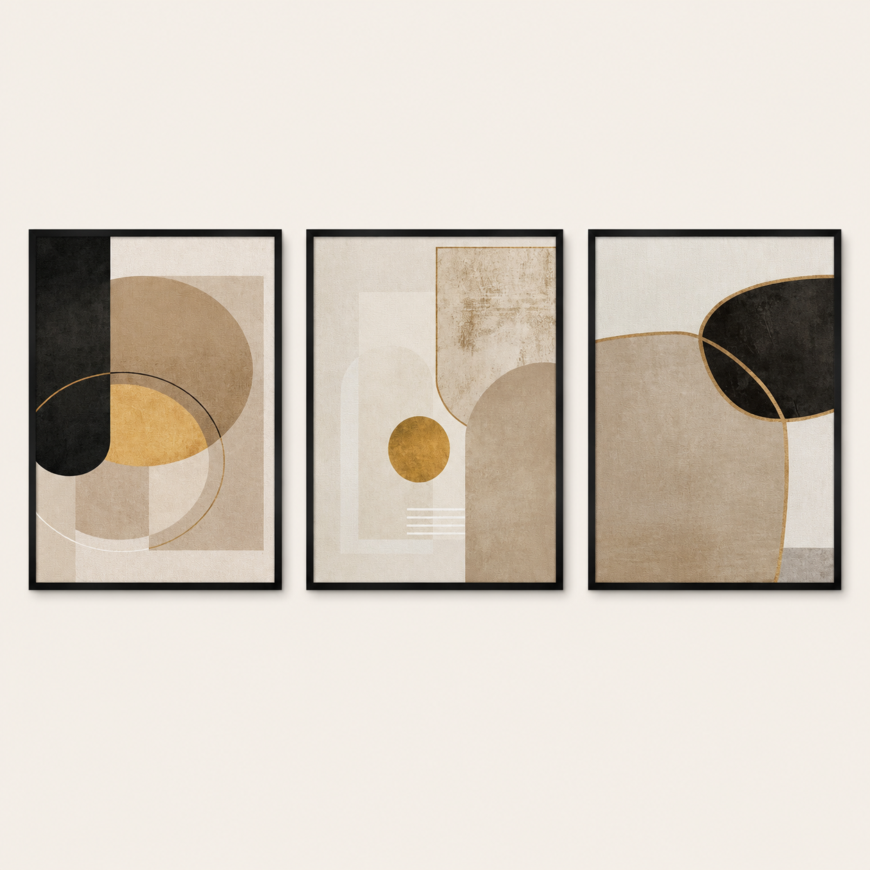 Luxury Modern Abstract Geometric Wall Art Set of 3 | Framed Canvas Prints | Neutral Beige, Black & Gold Wall Decor | 30 × 40 cm (12 × 16 in)