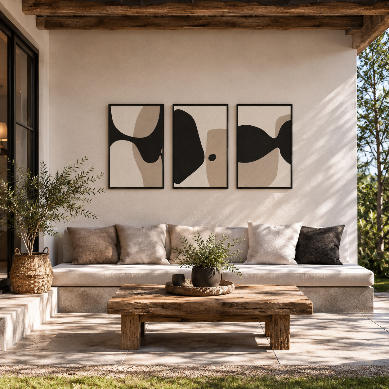 Modern Abstract Black & Beige Wall Art Set of 3 | Minimalist Framed Canvas Prints | Contemporary Neutral Wall Decor | 30 × 40 cm (12 × 16 in)