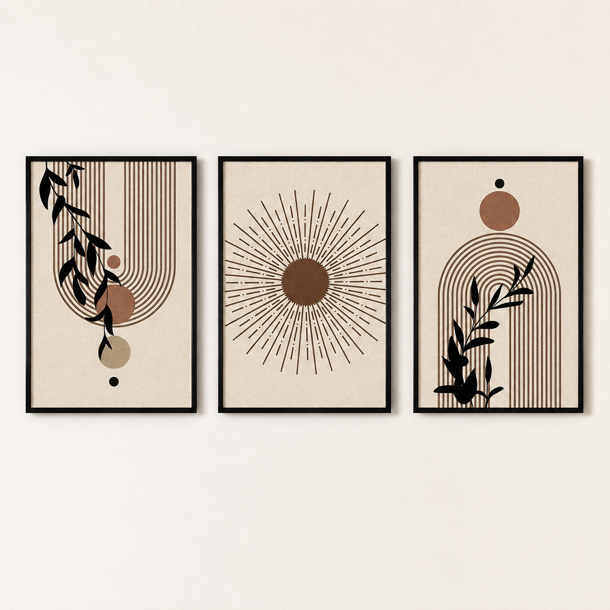 Boho Botanical Sunburst Wall Art Set of 3 | Framed Canvas Prints | Modern Abstract Neutral Beige Wall Decor | 30 × 40 cm (12 × 16 in)