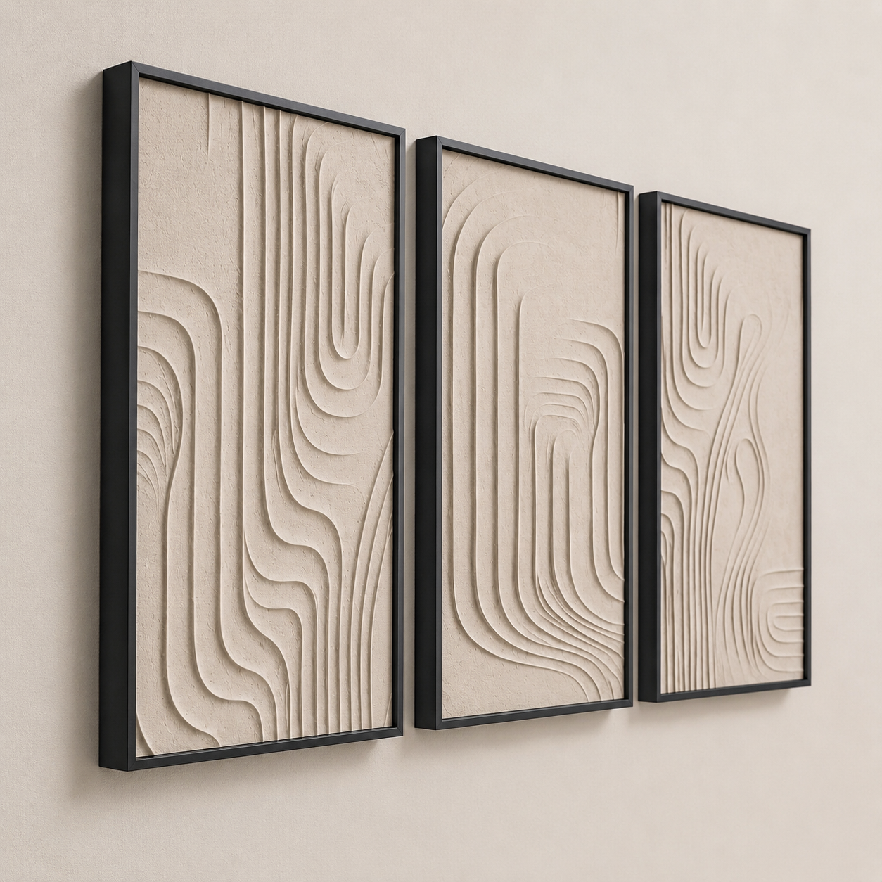 Modern 3D Textured Abstract Wall Art Set of 3 | Framed Canvas Prints | Minimalist Neutral Beige Wall Decor | 30 × 40 cm (12 × 16 in)