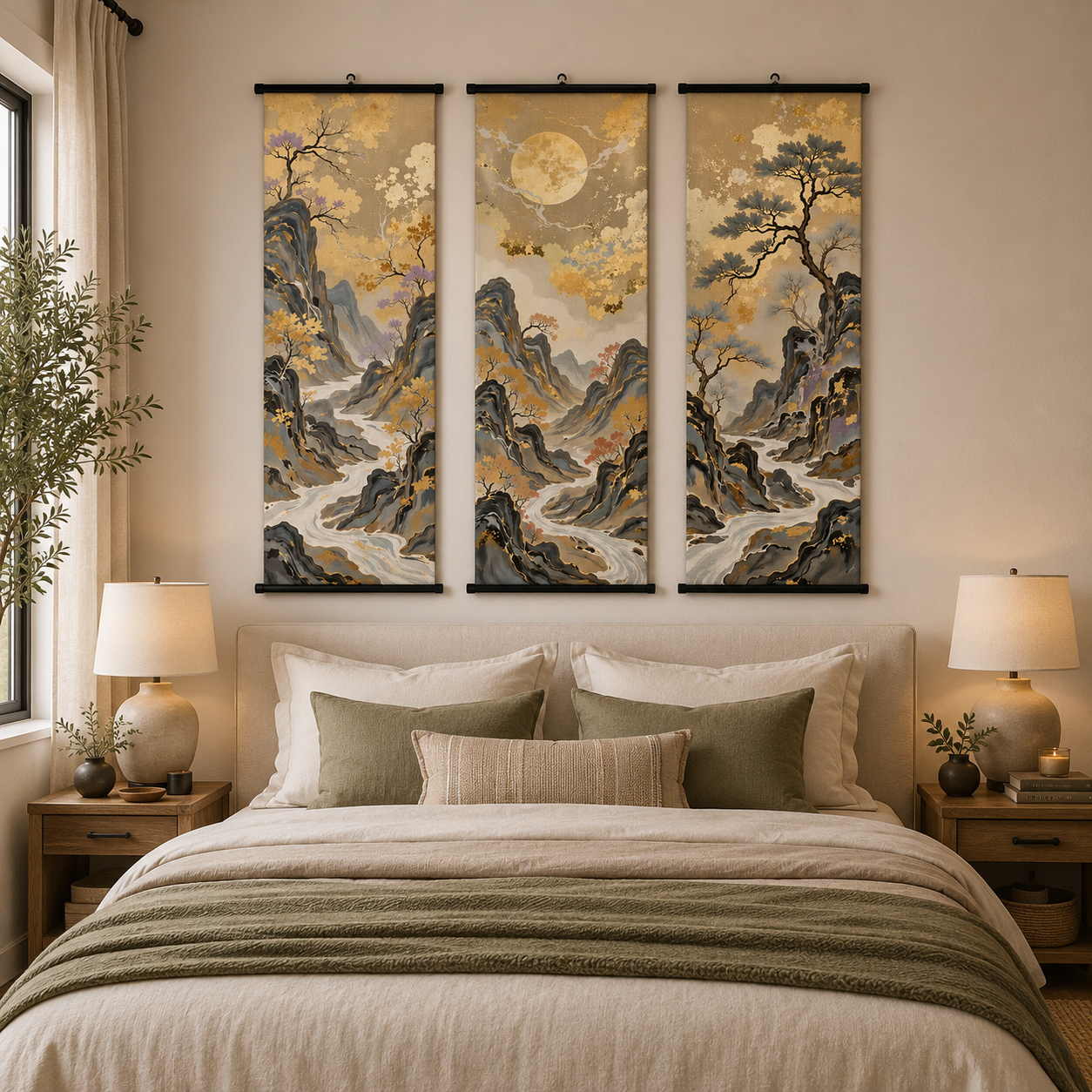 Golden Mountain Scroll Wall Art Set of 3 – Large Japanese Style Canvas Hanging Prints, 120 × 40 cm Landscape Wall Decor for Living Room, Bedroom & Office