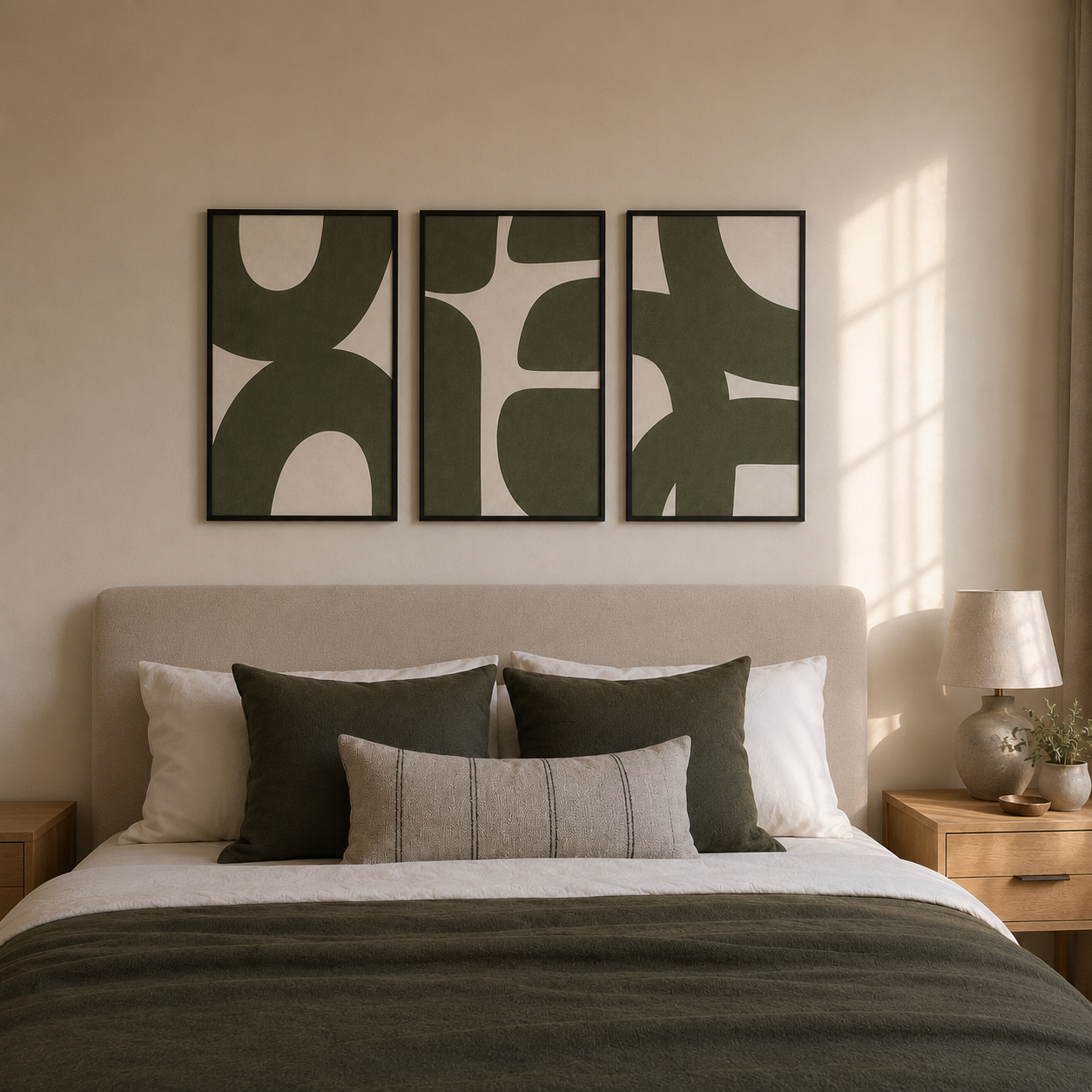 Modern Abstract Geometric Wall Art Set of 3 | Framed Canvas Prints | Minimalist Olive Green Wall Decor | 30 × 40 cm (12 × 16 in)