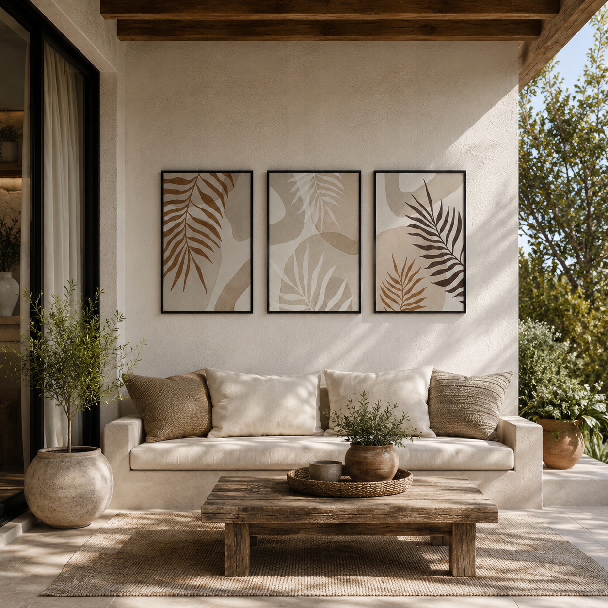 Boho Botanical Palm Leaf Wall Art Set of 3 | Framed Canvas Prints | Neutral Beige Tropical Wall Decor | 30 × 40 cm (12 × 16 in)