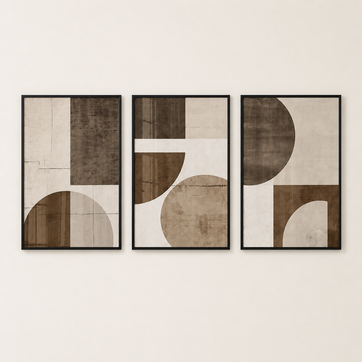 Modern Abstract Geometric Wall Art Set of 3 – Framed Canvas Prints | Minimalist Brown & Beige Wall Decor (30 × 40 cm / 12 × 16 in)