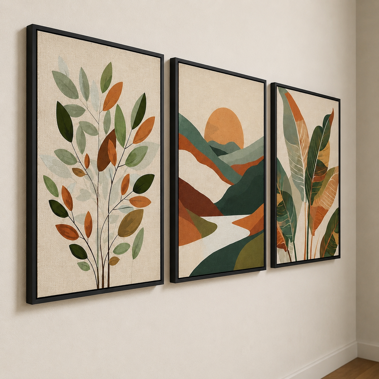 Nature Landscape & Botanical Wall Art Set of 3 | Framed Canvas Prints | Modern Abstract Green & Terracotta Wall Decor | 30 × 40 cm (12 × 16 in)